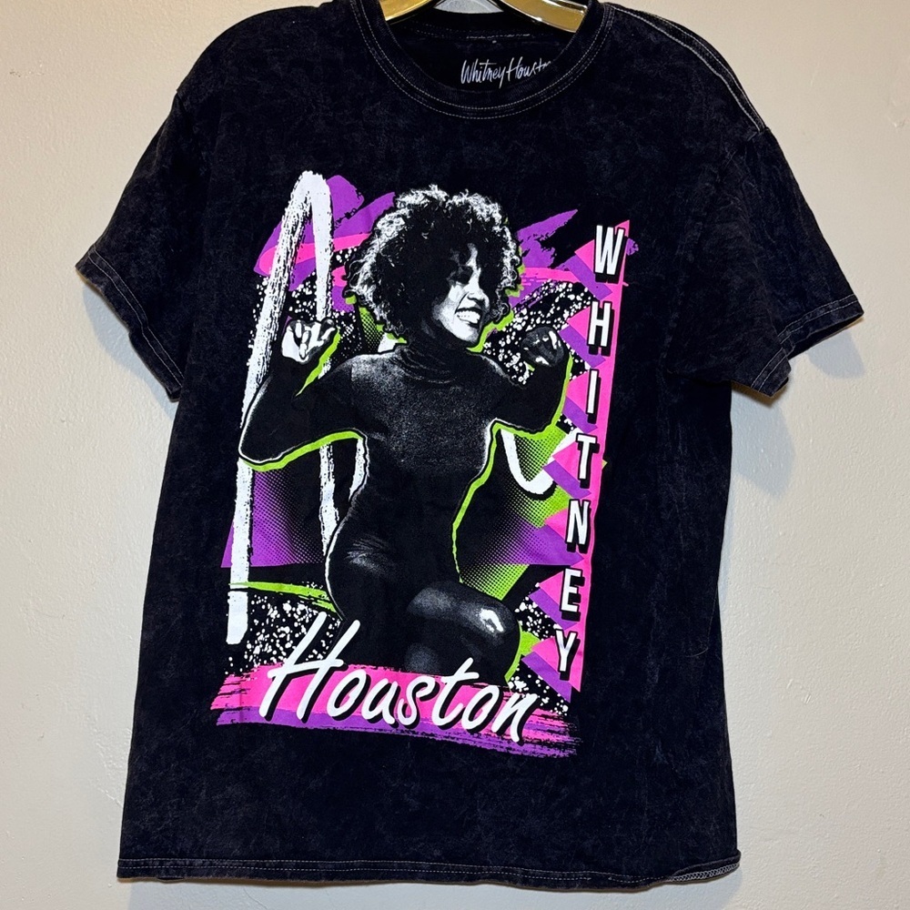 Whitney Houston Black Long-Sleeve Graphic Tee with Pink & Lime Accents